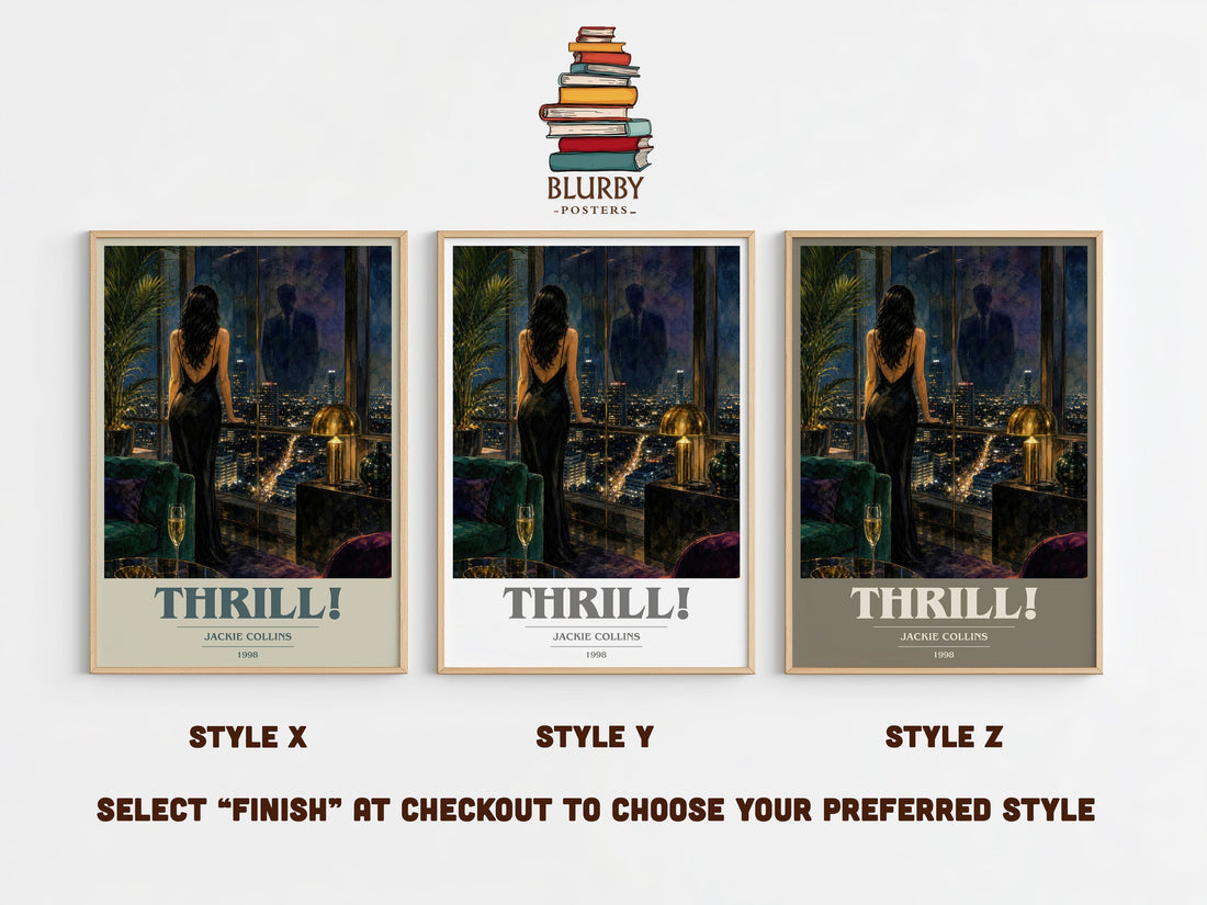Thrill! book cover print in frame leaning in hallway – romance wall art (mockup)