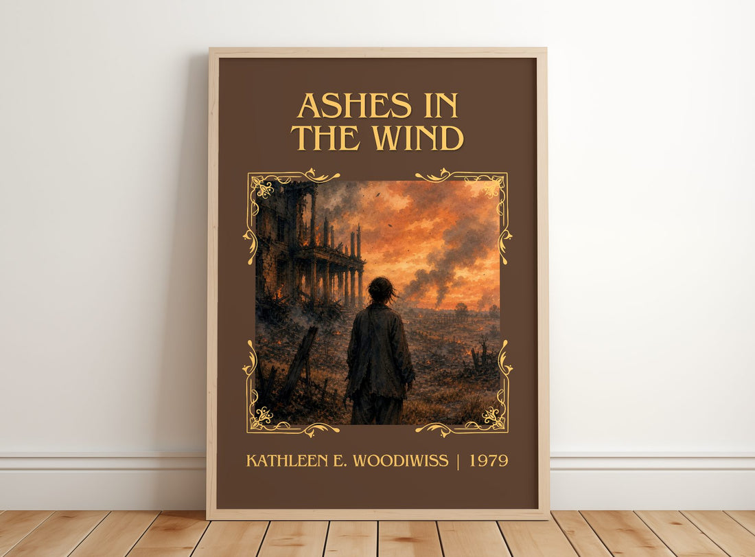 Ashes in the Wind Classic Book Art Print by Kathleen E. Woodiwiss – framed print leaning on a wooden floor