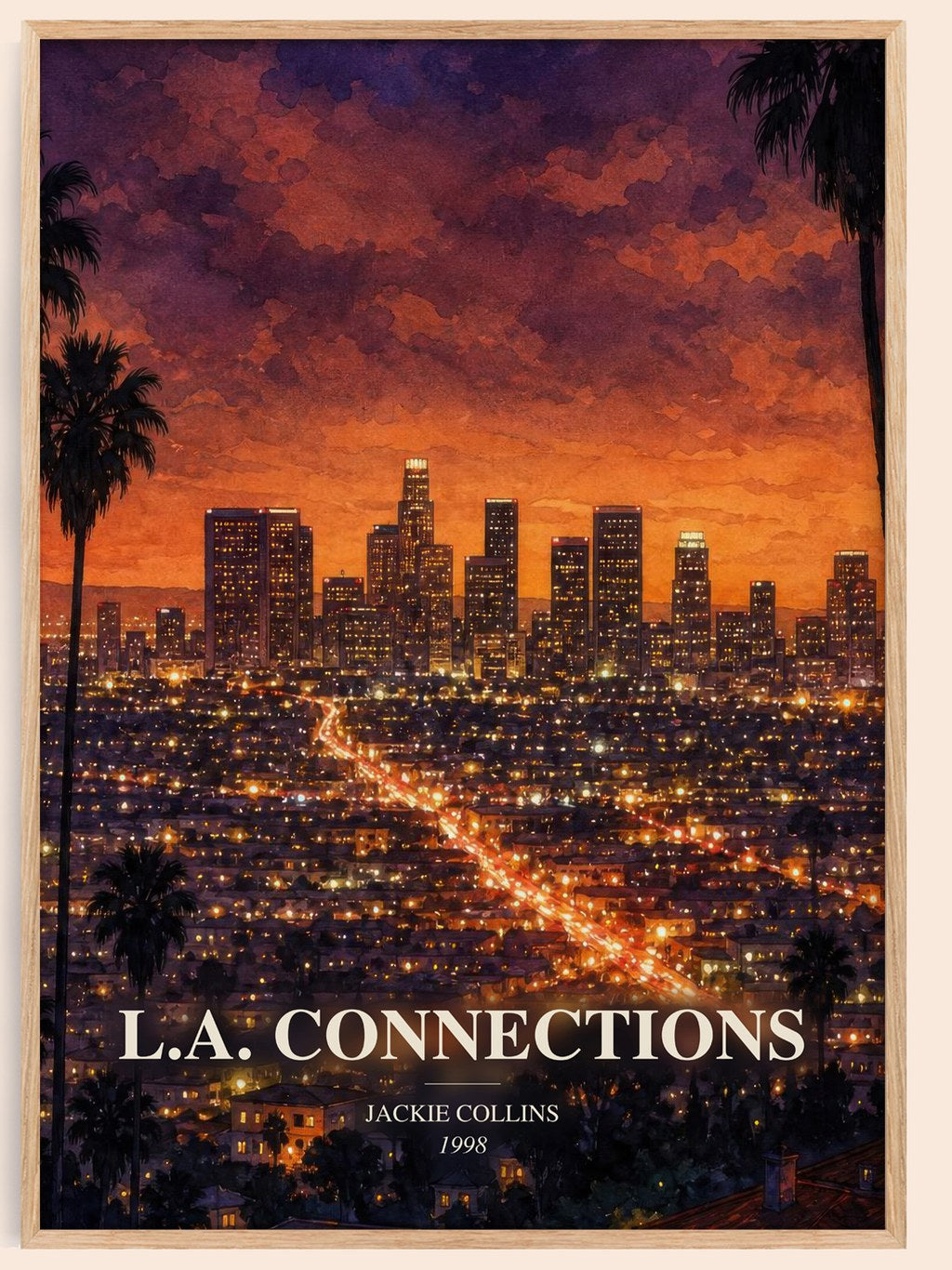 L.A. Connections watercolour book poster by Jackie Collins – framed literary art print