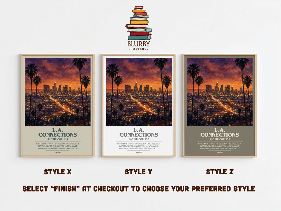L.A. Connections bookish print in frame leaning in hallway – crime wall art (mockup)