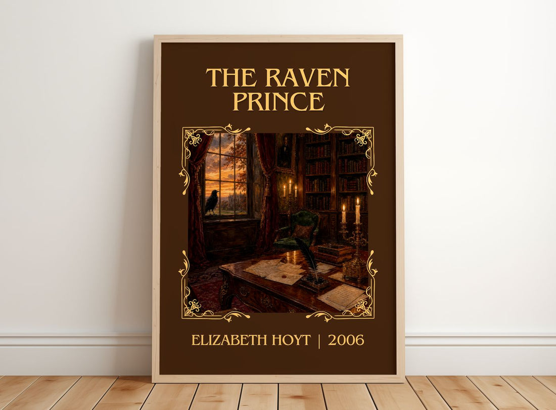 The Raven Prince Classic Book Art Print by Elizabeth Hoyt – framed print leaning on a wooden floor