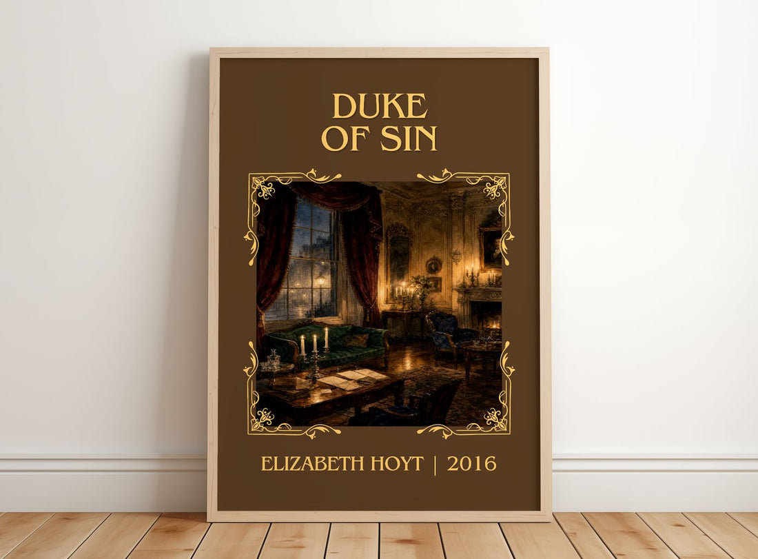 Duke of Sin Classic Book Art Print by Elizabeth Hoyt – framed print leaning on a wooden floor