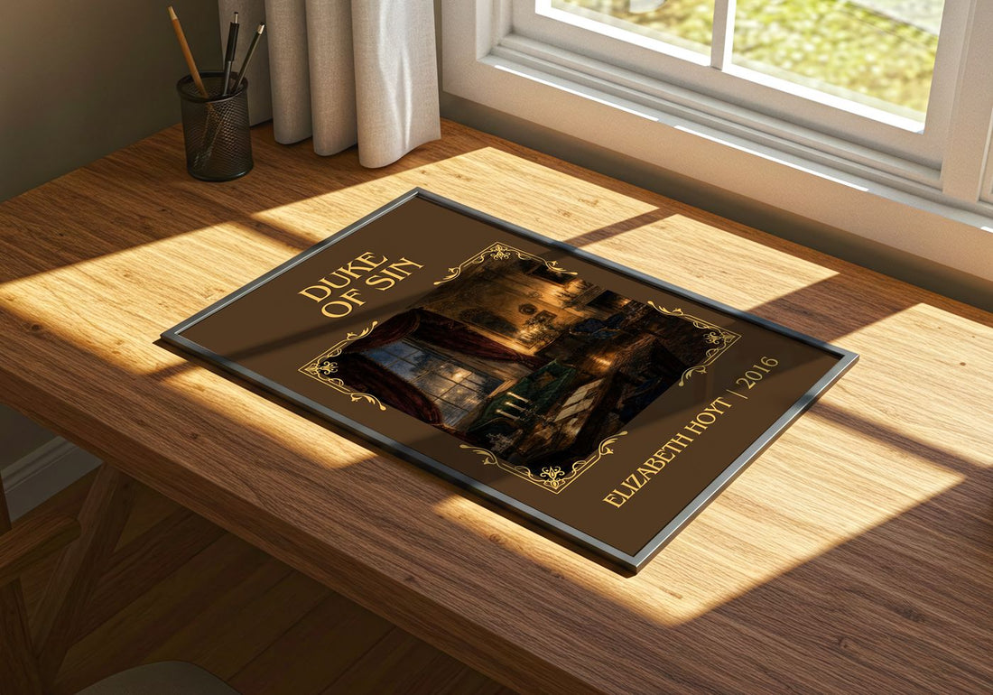 Duke of Sin Classic Book Art Print by Elizabeth Hoyt – print on a sunlit desk
