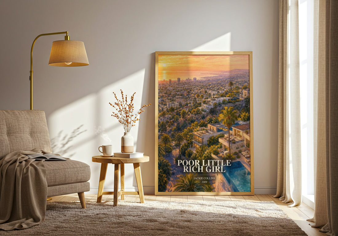 Poor Little Rich Girl watercolour print in frame leaning in hallway – contemporary fiction wall art (mockup)