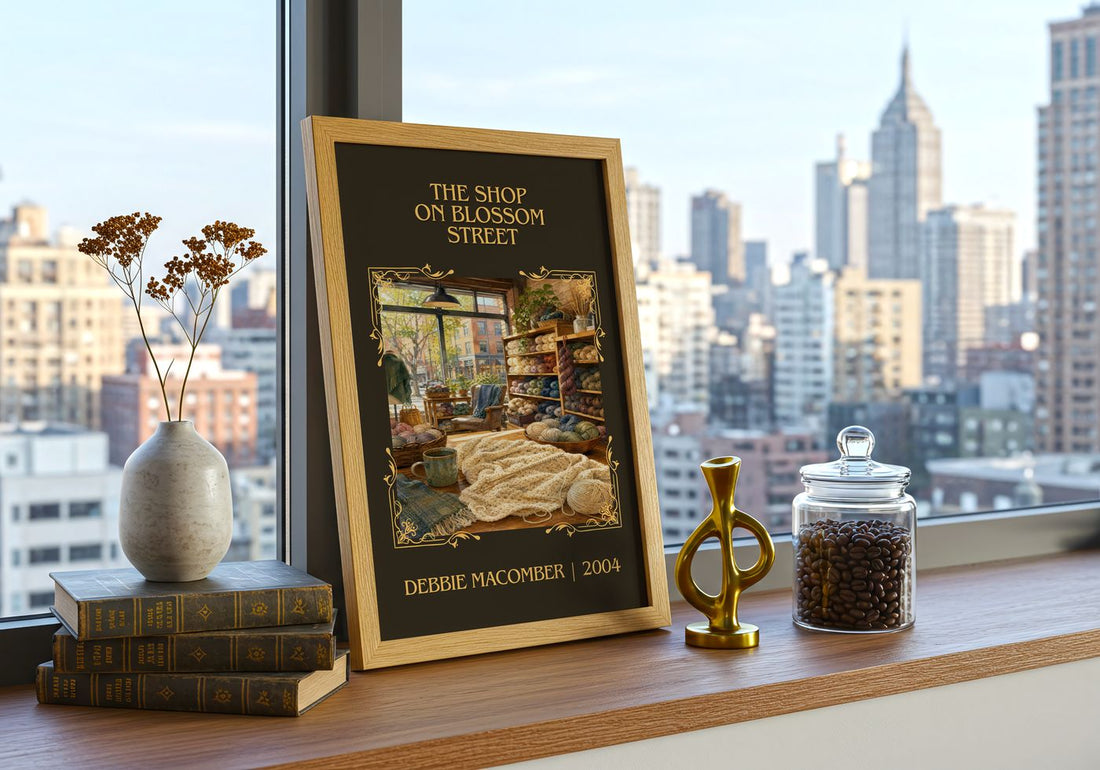 The Shop on Blossom Street Classic Book Art Print by Debbie Macomber – framed print on a city-view windowsill