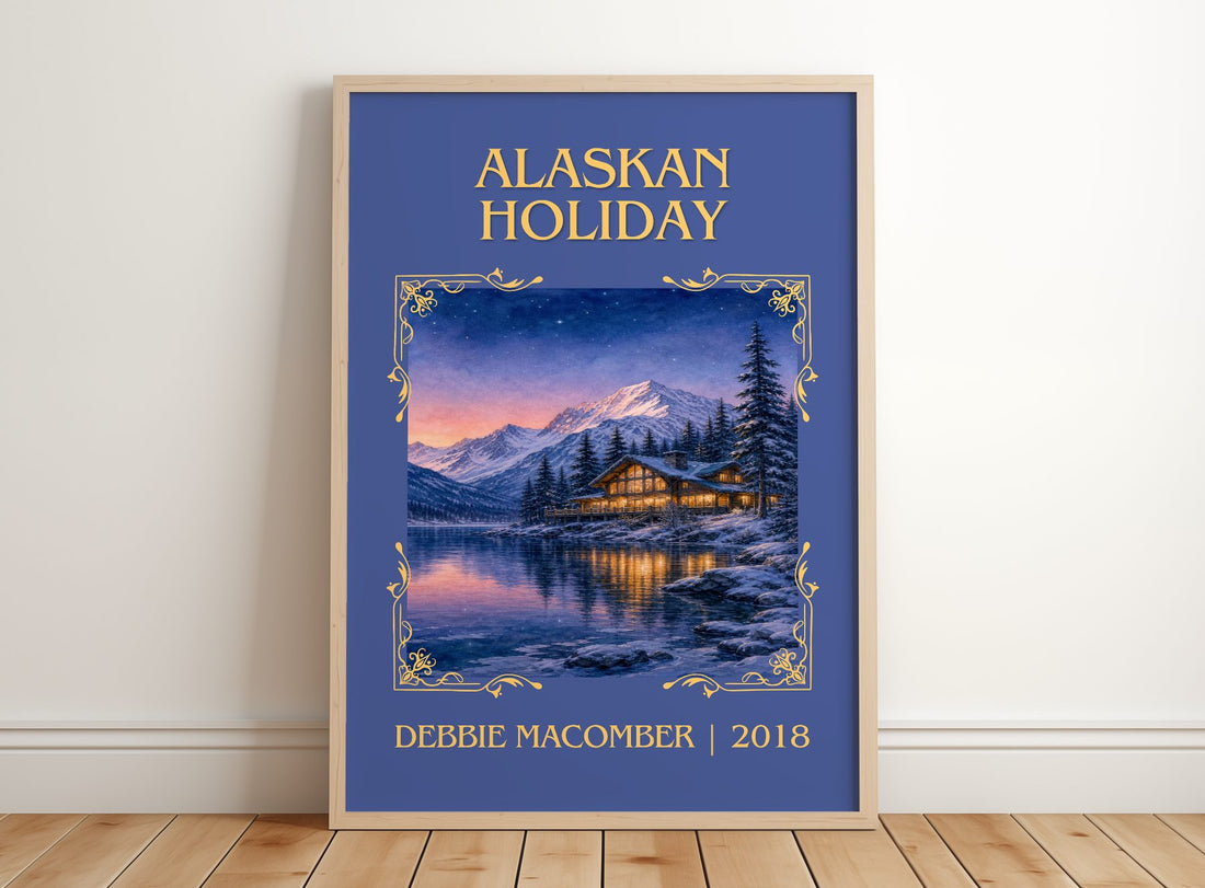 Alaskan Holiday Classic Book Art Print by Debbie Macomber – framed print leaning on a wooden floor