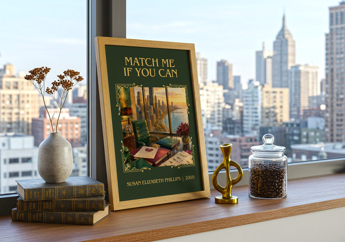 Match Me If You Can Classic Book Art Print by Susan Elizabeth Phillips – framed print on a city-view windowsill