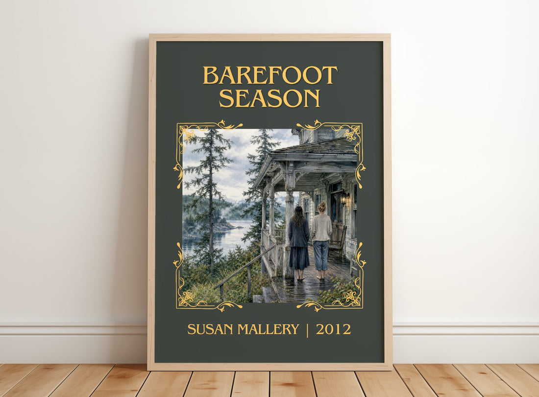 Barefoot Season Classic Book Art Print by Susan Mallery – framed print leaning on a wooden floor