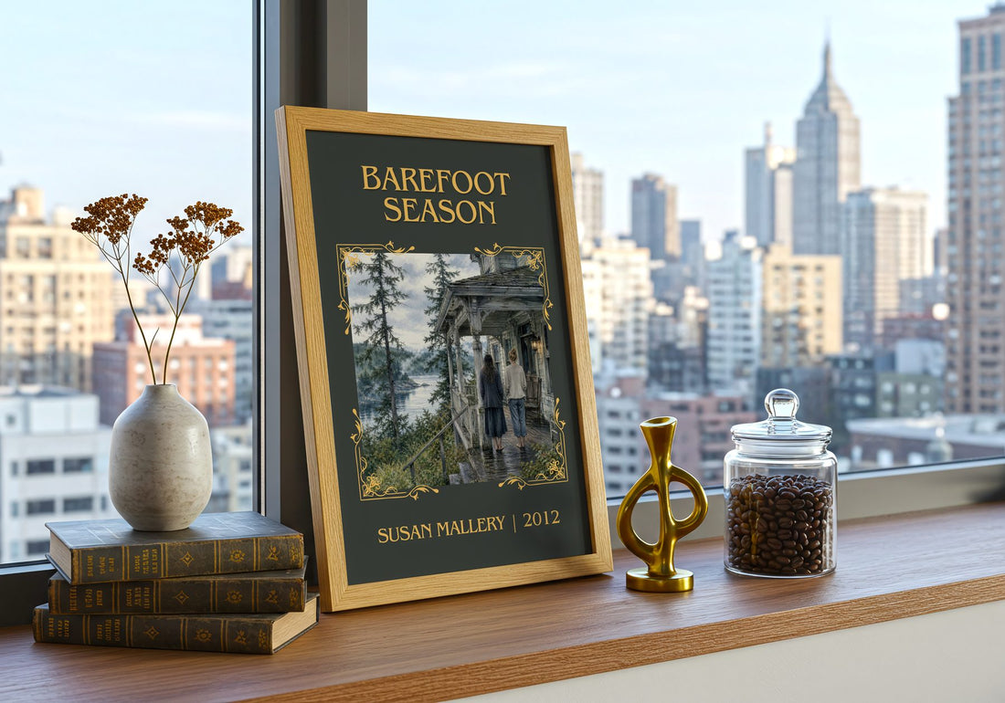 Barefoot Season Classic Book Art Print by Susan Mallery – framed print on a city-view windowsill