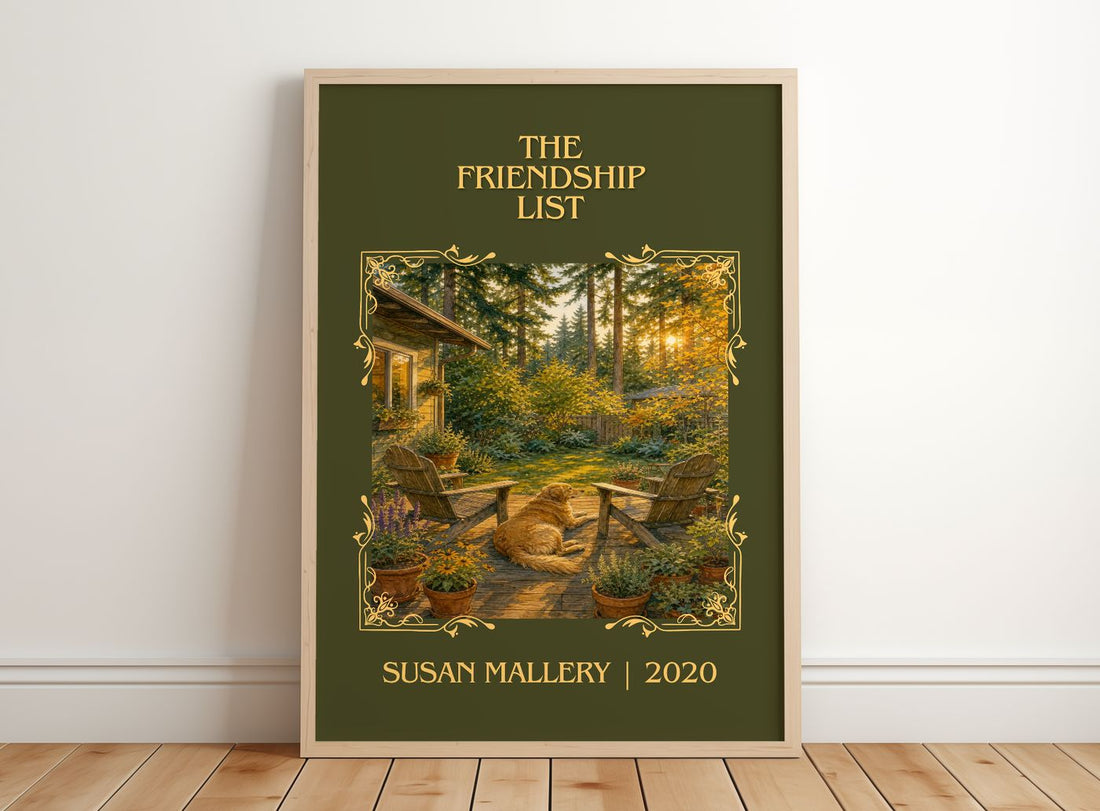 The Friendship List Classic Book Art Print by Susan Mallery – framed print leaning on a wooden floor