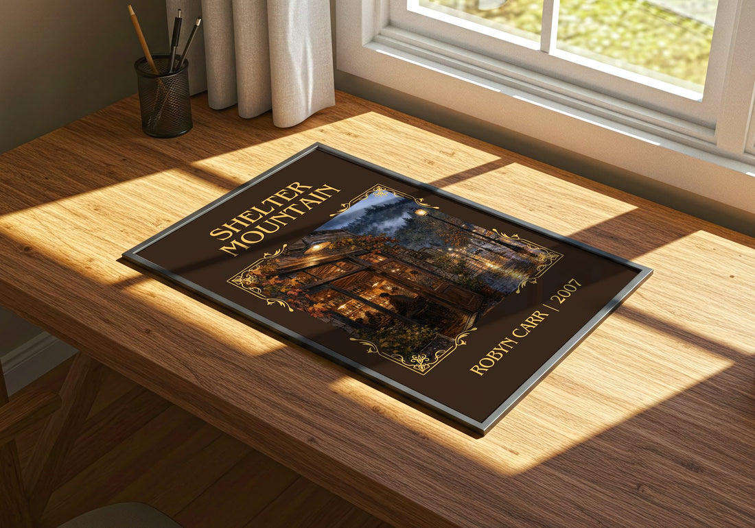 Shelter Mountain Classic Book Art Print by Robyn Carr – print on a sunlit desk