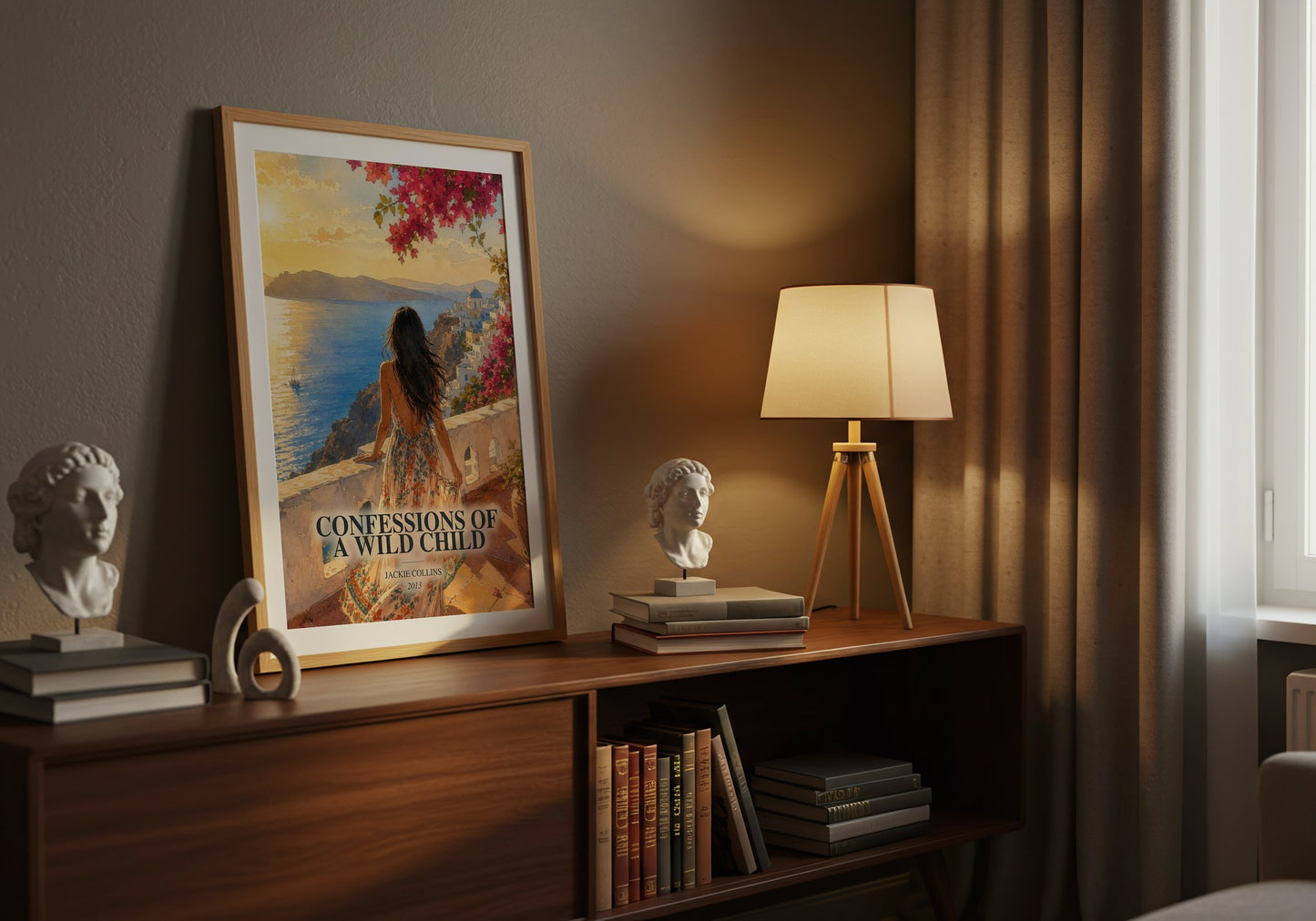 Confessions Of A Wild Child watercolour print on bookshelf – Jackie Collins fan gift