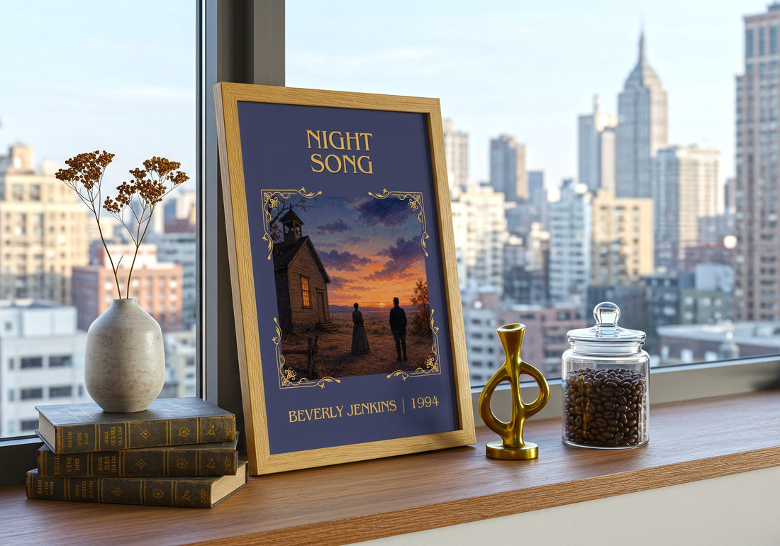 Night Song Classic Book Art Print by Beverly Jenkins – framed print on a city-view windowsill