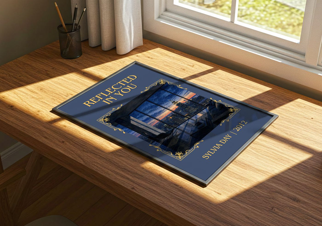 Reflected in You Classic Book Art Print by Sylvia Day – print on a sunlit desk