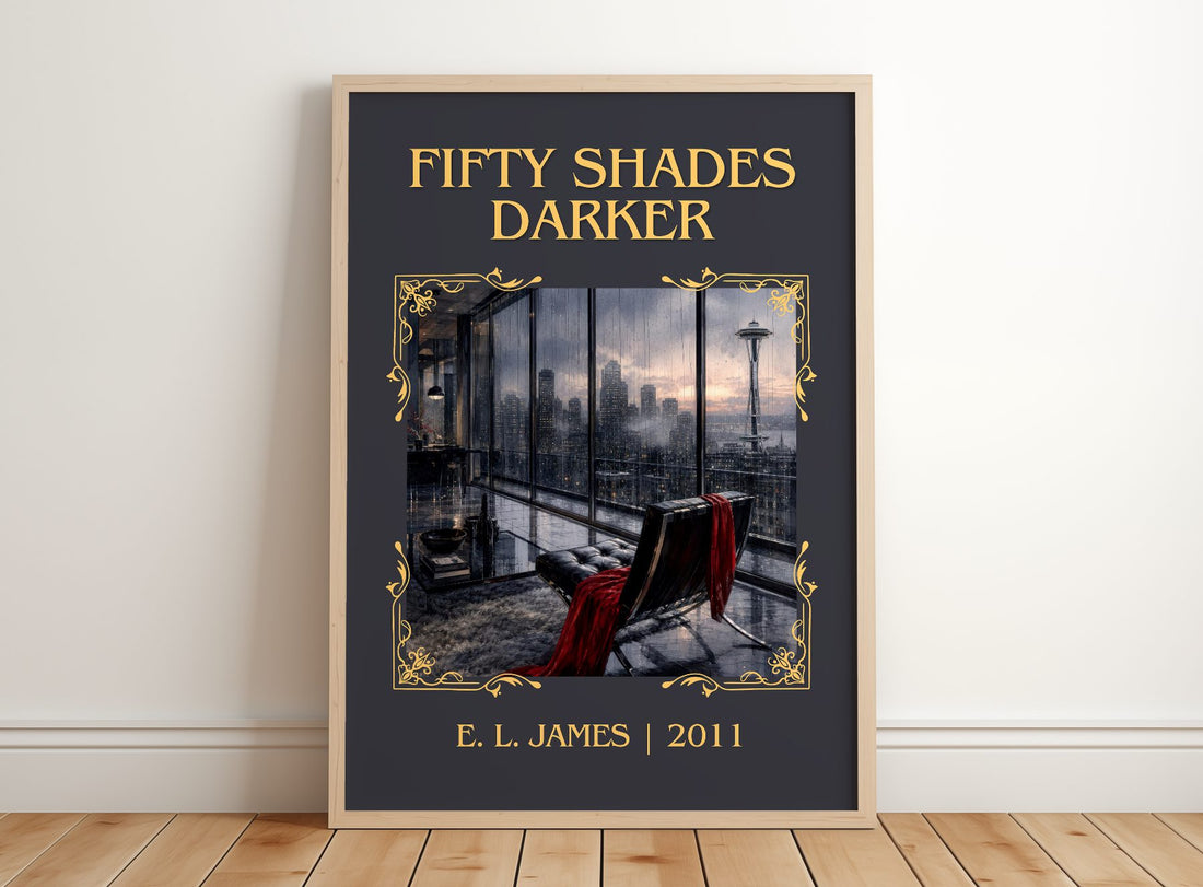 Fifty Shades Darker Classic Book Art Print by E. L. James – framed print leaning on a wooden floor