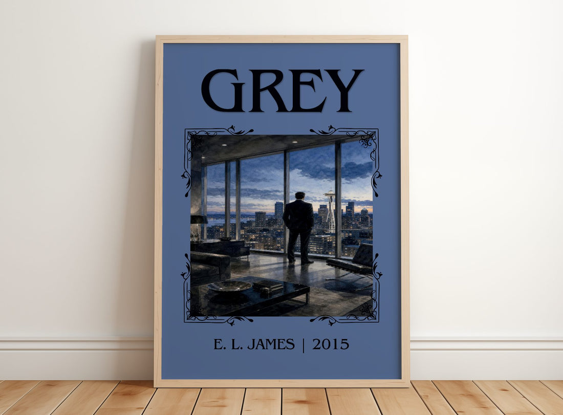 Grey Classic Book Art Print by E. L. James – framed print leaning on a wooden floor