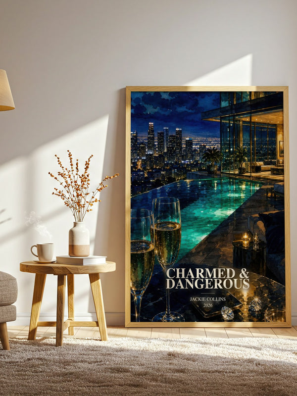 Charmed & Dangerous watercolour print in frame leaning in hallway – contemporary fiction wall art