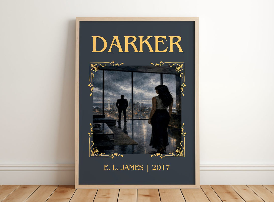 Darker Classic Book Art Print by E. L. James – framed print leaning on a wooden floor