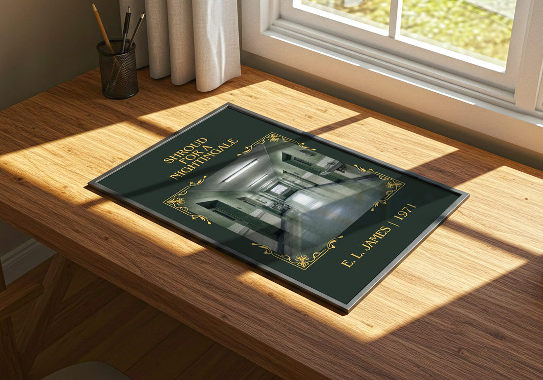 Shroud for a Nightingale Classic Book Art Print by E. L. James – print on a sunlit desk