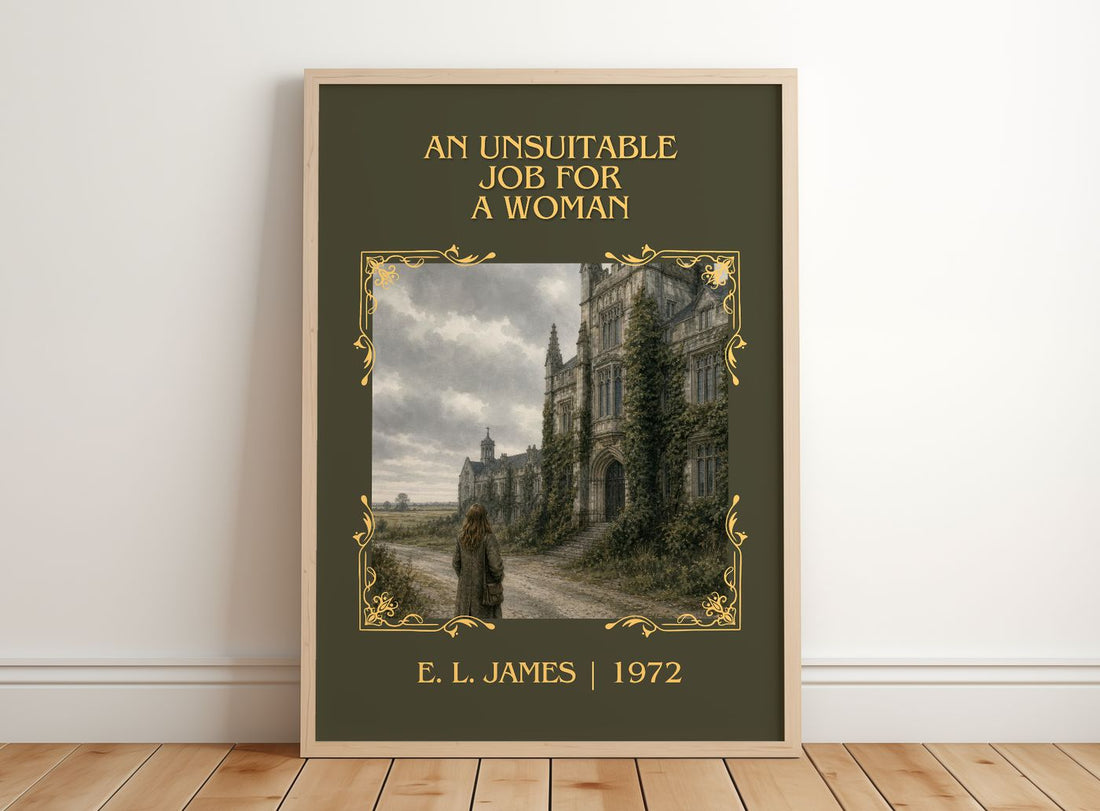An Unsuitable Job for a Woman Classic Book Art Print by E. L. James – framed print leaning on a wooden floor