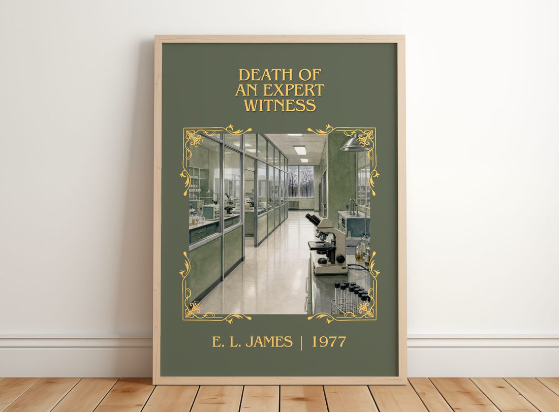 Death of an Expert Witness Classic Book Art Print by E. L. James – framed print leaning on a wooden floor
