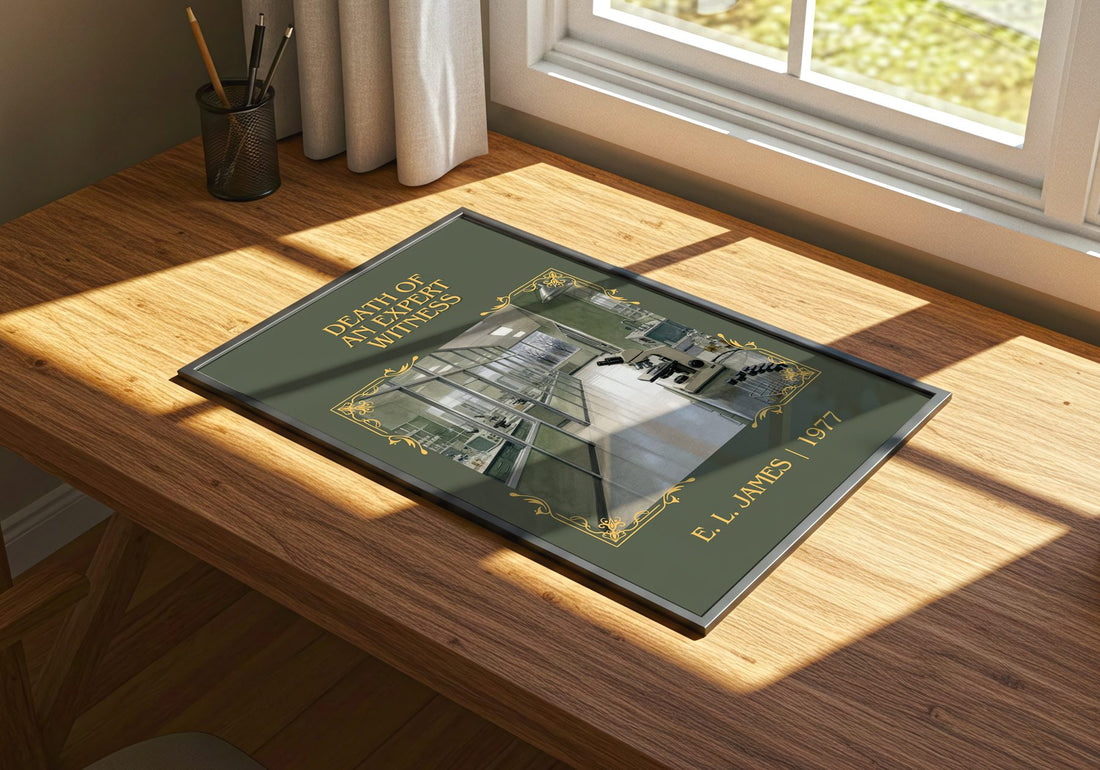 Death of an Expert Witness Classic Book Art Print by E. L. James – print on a sunlit desk