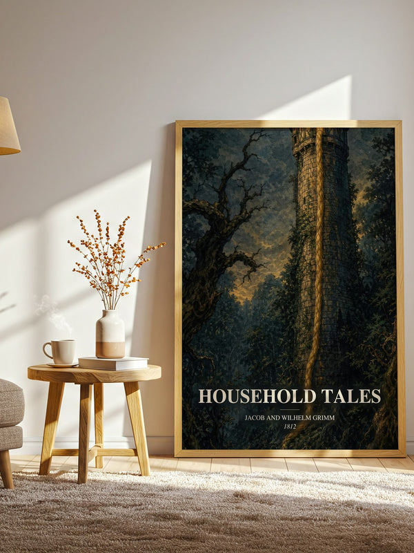 Household Tales watercolour print in frame leaning in hallway – childrens wall art