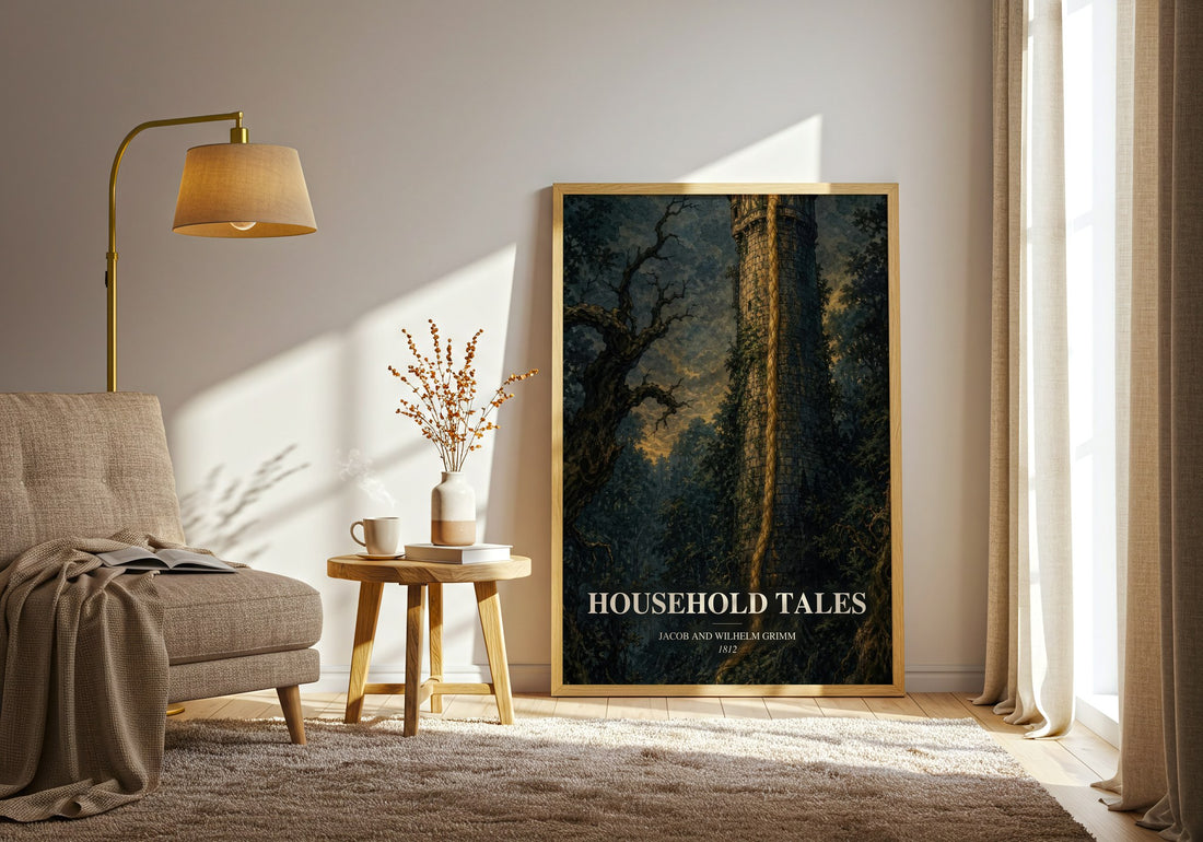 Household Tales watercolour print in frame leaning in hallway – childrens wall art (mockup)