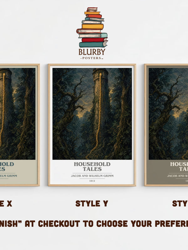 Household Tales book cover print in frame leaning in hallway – childrens wall art