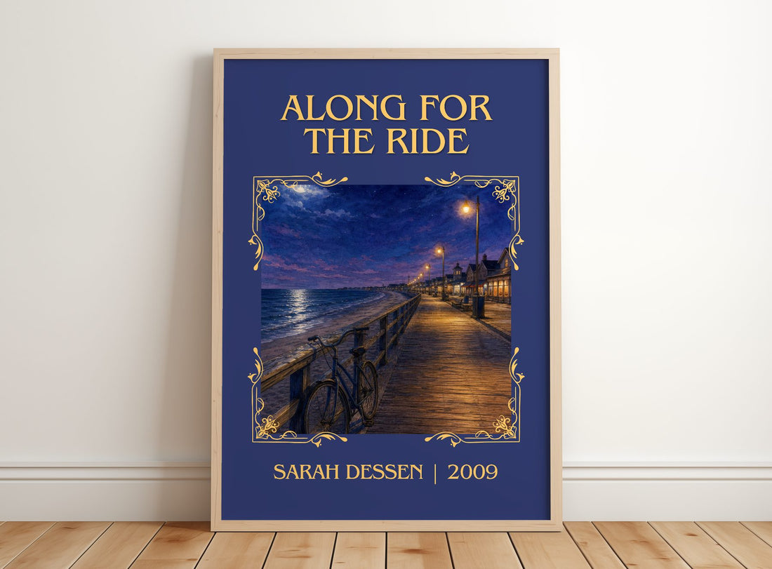 Along for the Ride Classic Book Art Print by Sarah Dessen – framed print leaning on a wooden floor