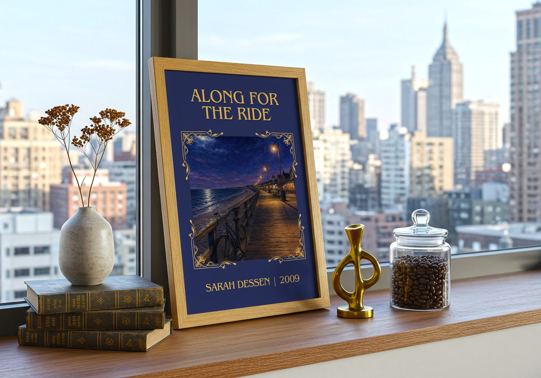 Along for the Ride Classic Book Art Print by Sarah Dessen – framed print on a city-view windowsill