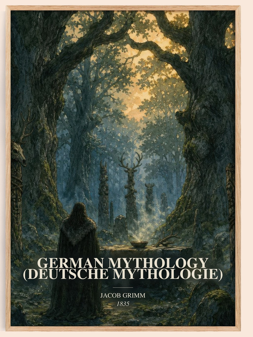 German Mythology (Deutsche Mythologie) watercolour book poster by Jacob Grimm – framed literary art print