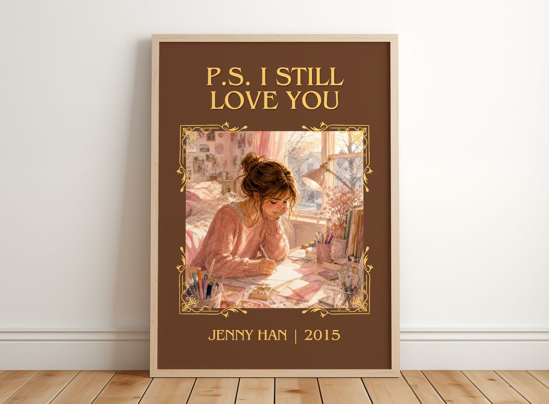 P.S. I Still Love You Classic Book Art Print by Jenny Han – framed print leaning on a wooden floor