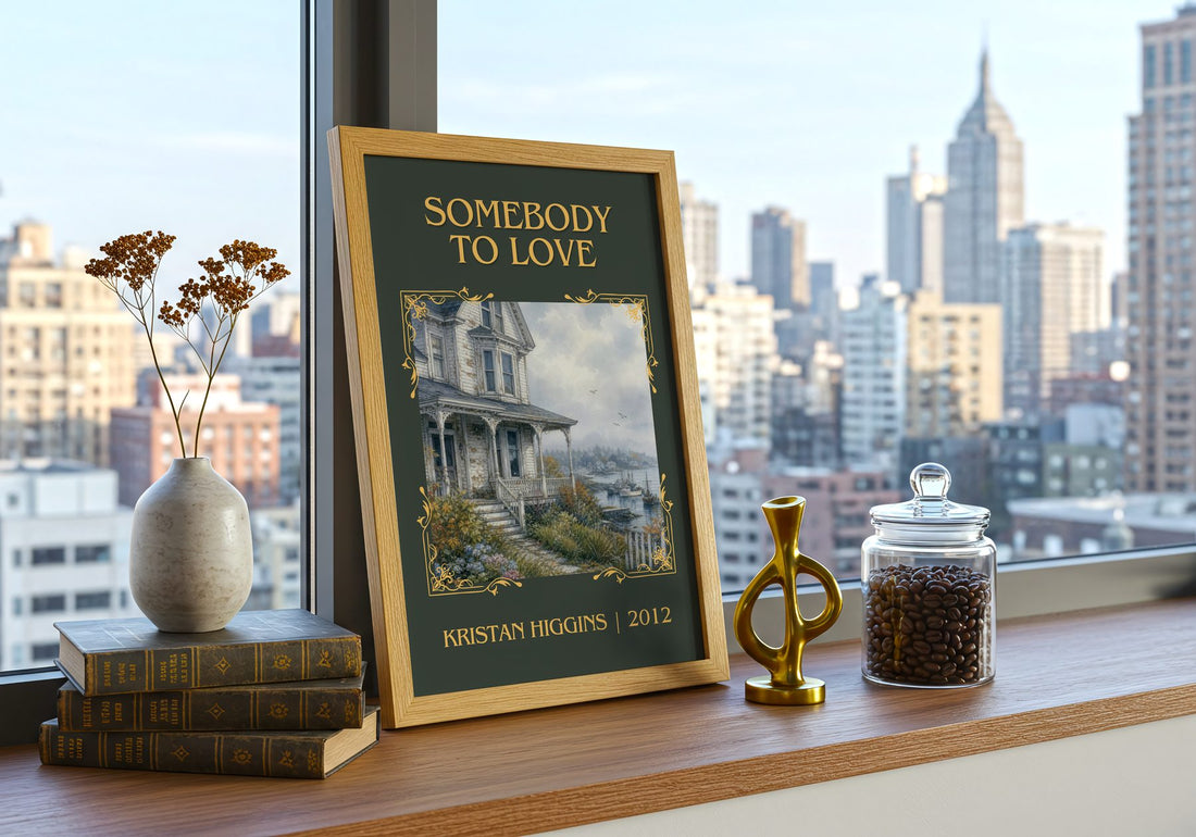 Somebody to Love Classic Book Art Print by Kristan Higgins – framed print on a city-view windowsill