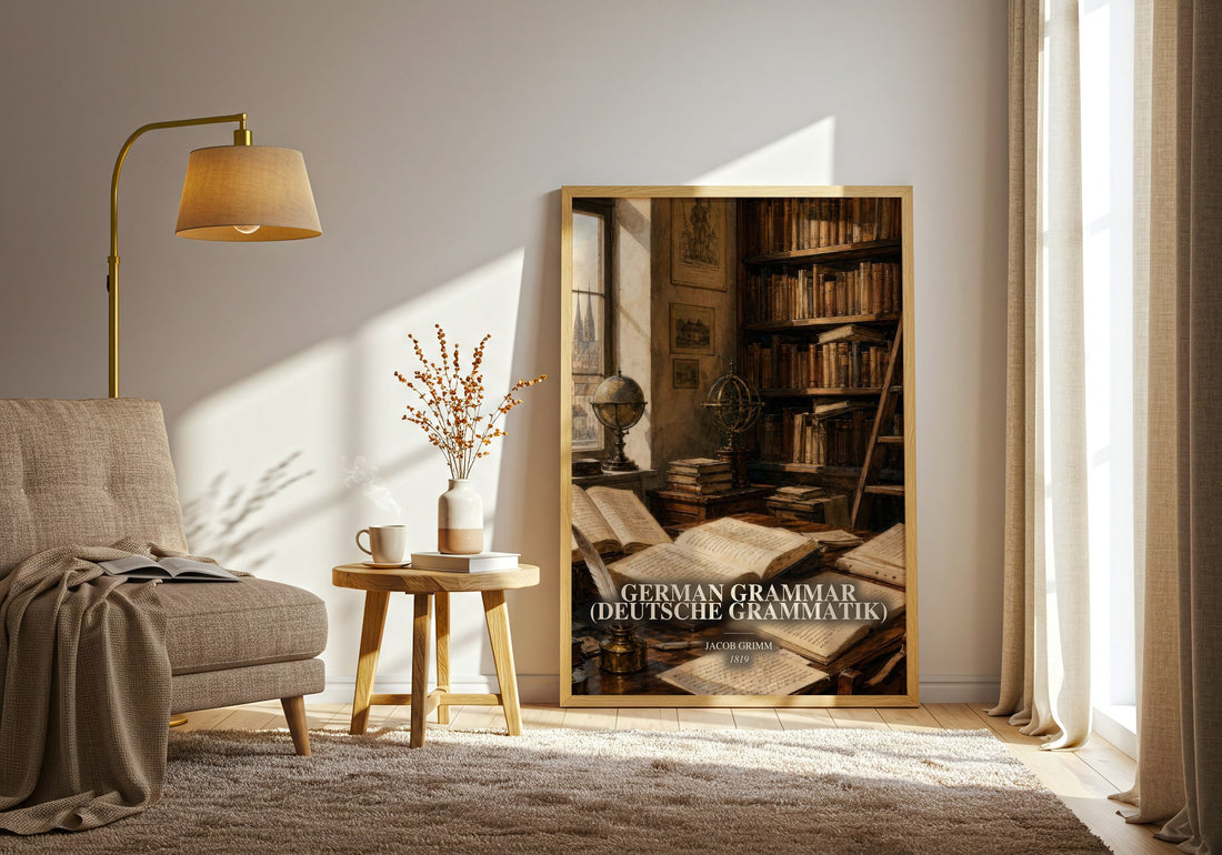 German Grammar (Deutsche Grammatik) watercolour print in frame leaning in hallway – non fiction wall art (mockup)