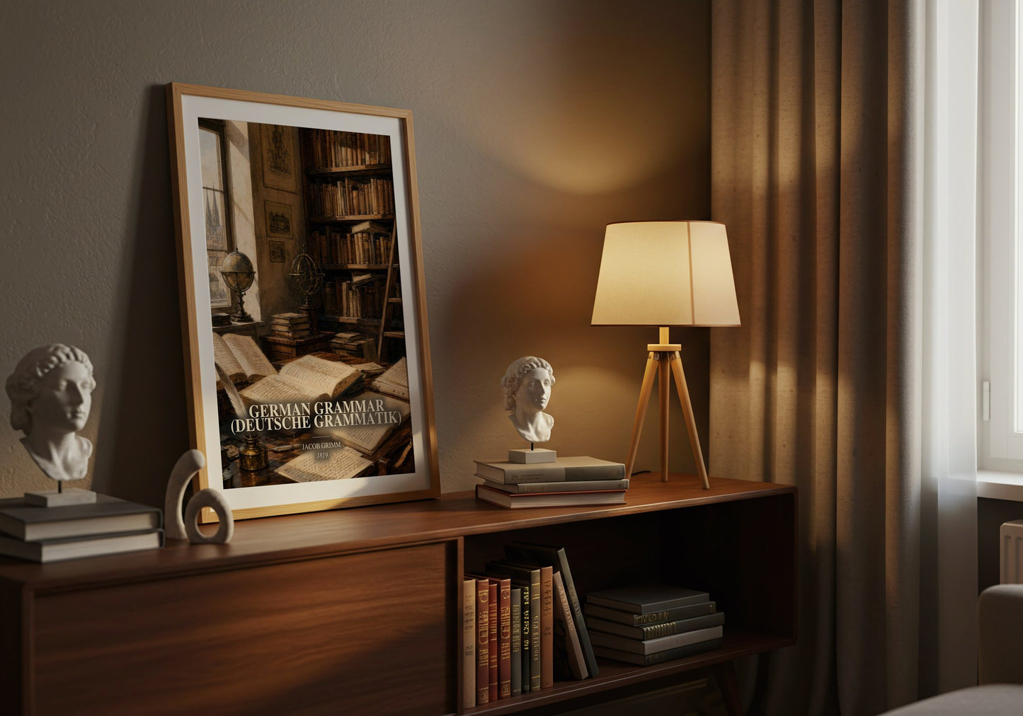 German Grammar (Deutsche Grammatik) watercolour print on bookshelf – Jacob Grimm fan gift