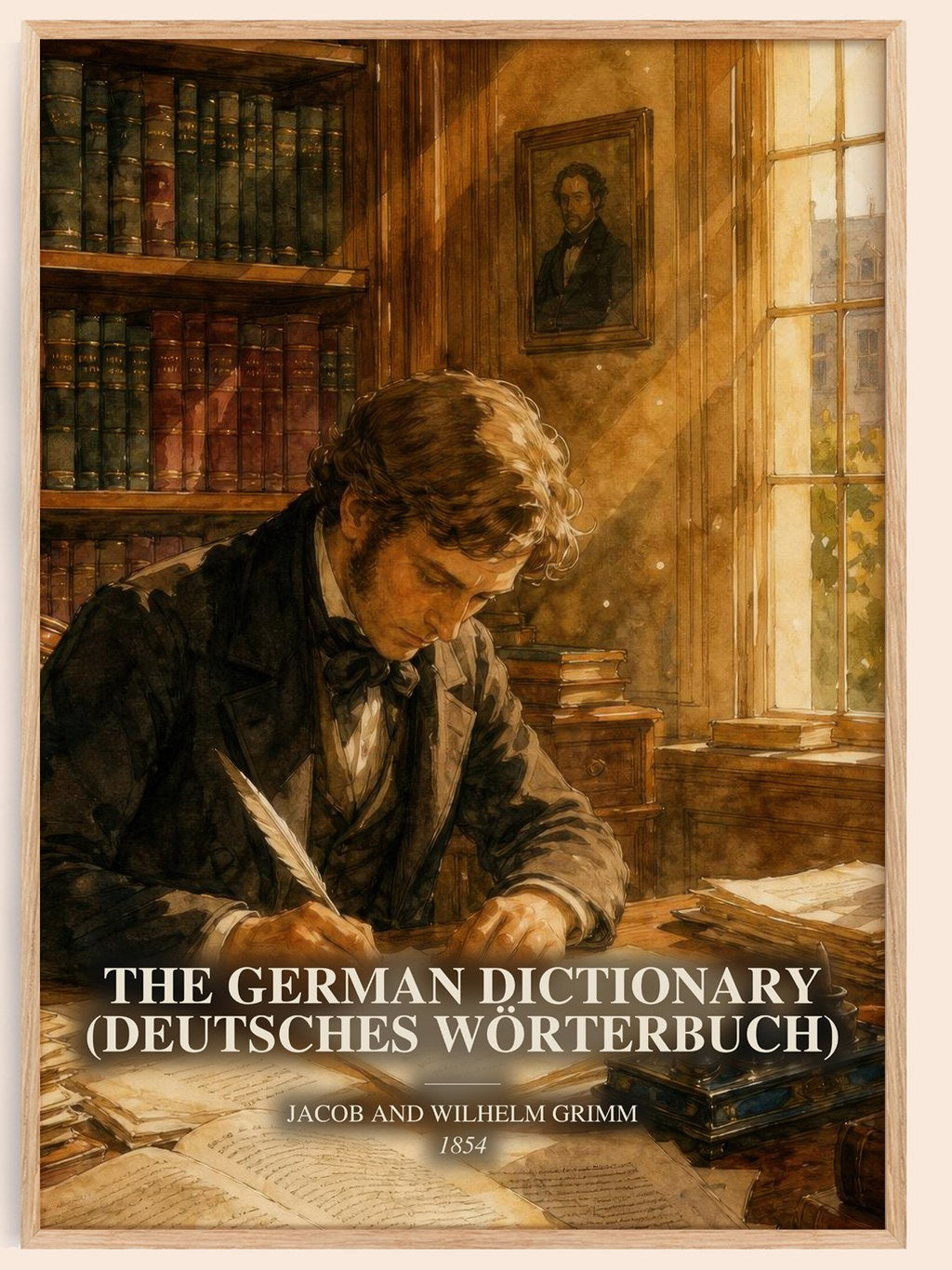 The German Dictionary (Deutsches Wörterbuch) watercolour book poster by Jacob And Wilhelm Grimm – framed literary art print