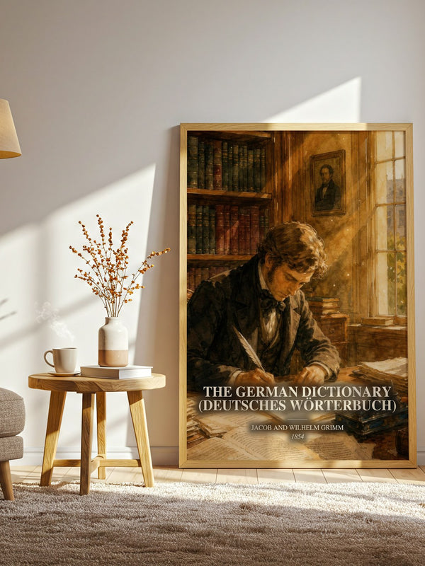 The German Dictionary (Deutsches Wörterbuch) watercolour print in frame leaning in hallway – non fiction wall art