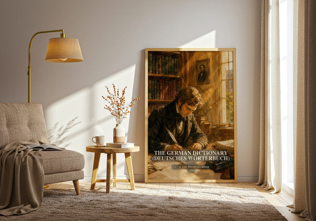 The German Dictionary (Deutsches Wörterbuch) watercolour print in frame leaning in hallway – non fiction wall art (mockup)