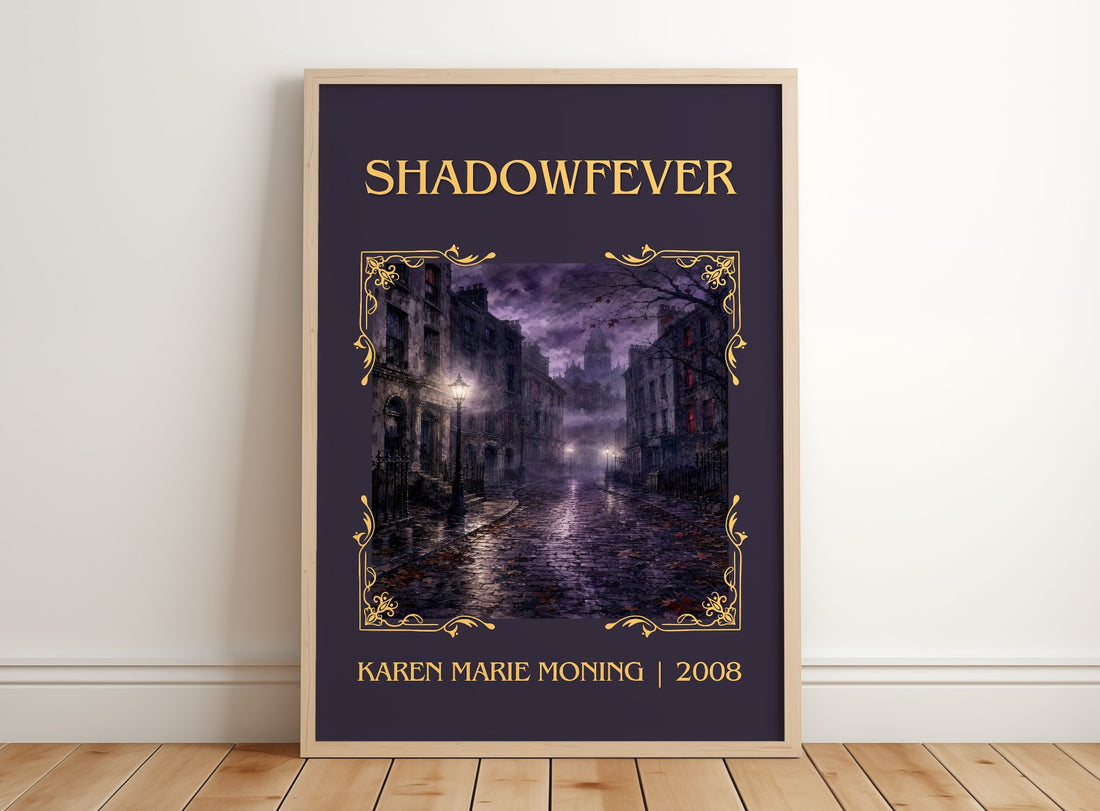 Shadowfever Classic Book Art Print by Karen Marie Moning – framed print leaning on a wooden floor