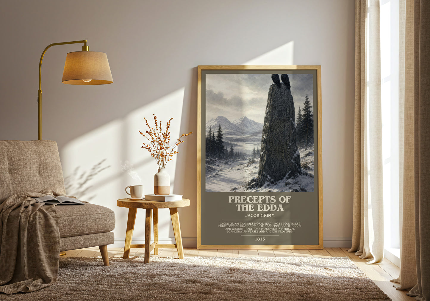 Precepts Of The Edda bookish print on bookshelf – Jacob Grimm fan gift