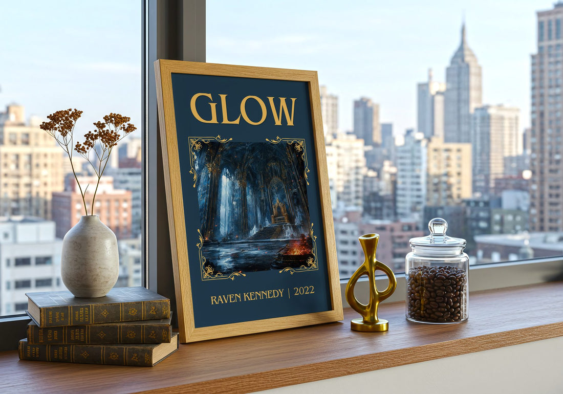 Glow Classic Book Art Print by Raven Kennedy – framed print on a city-view windowsill