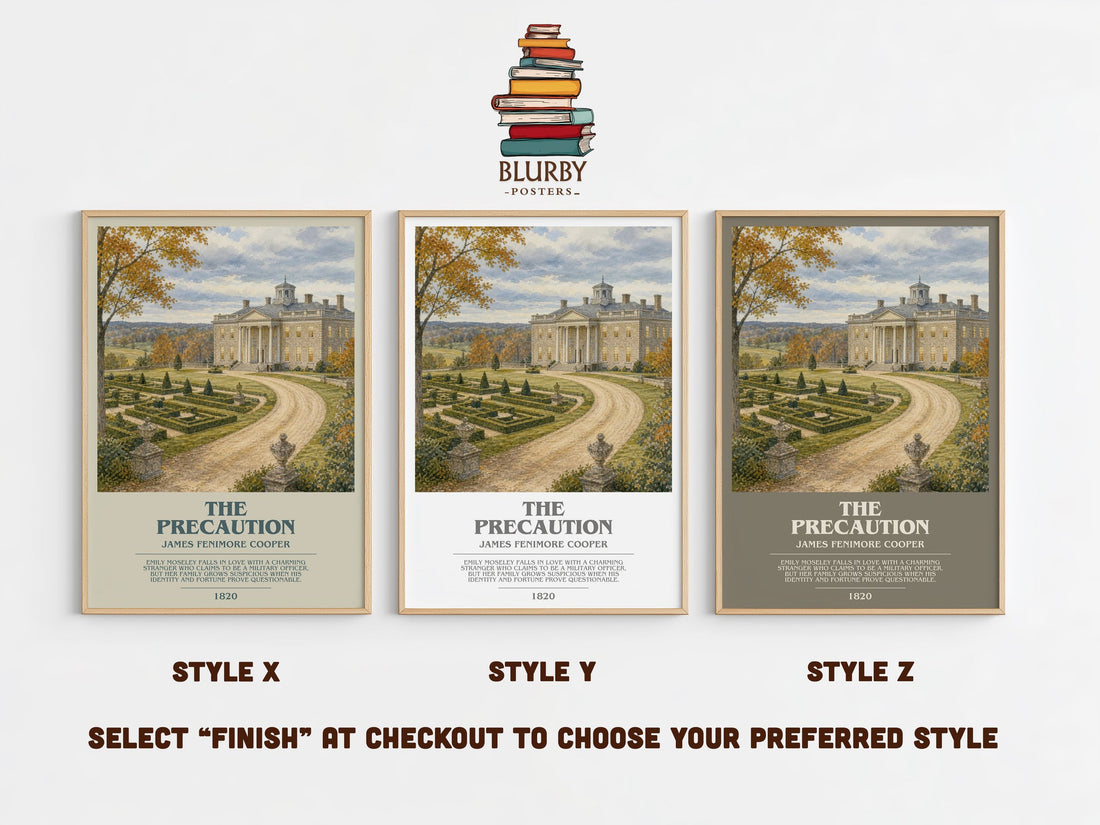 The Precaution bookish print in frame leaning in hallway – romance wall art (mockup)