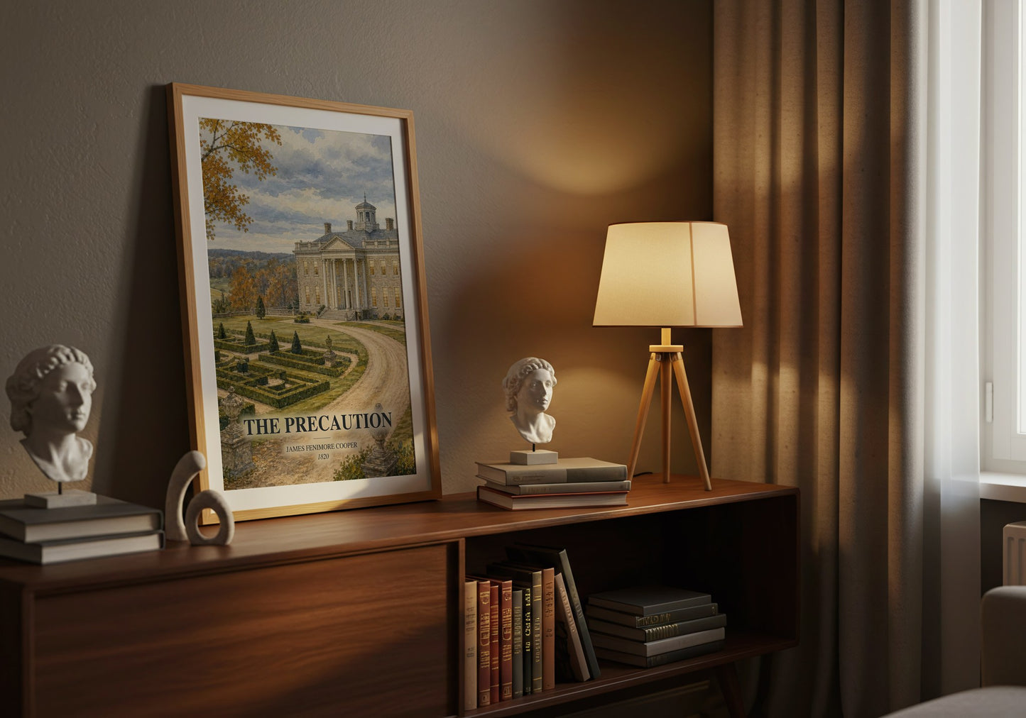 The Precaution watercolour print on bookshelf – James Fenimore Cooper fan gift