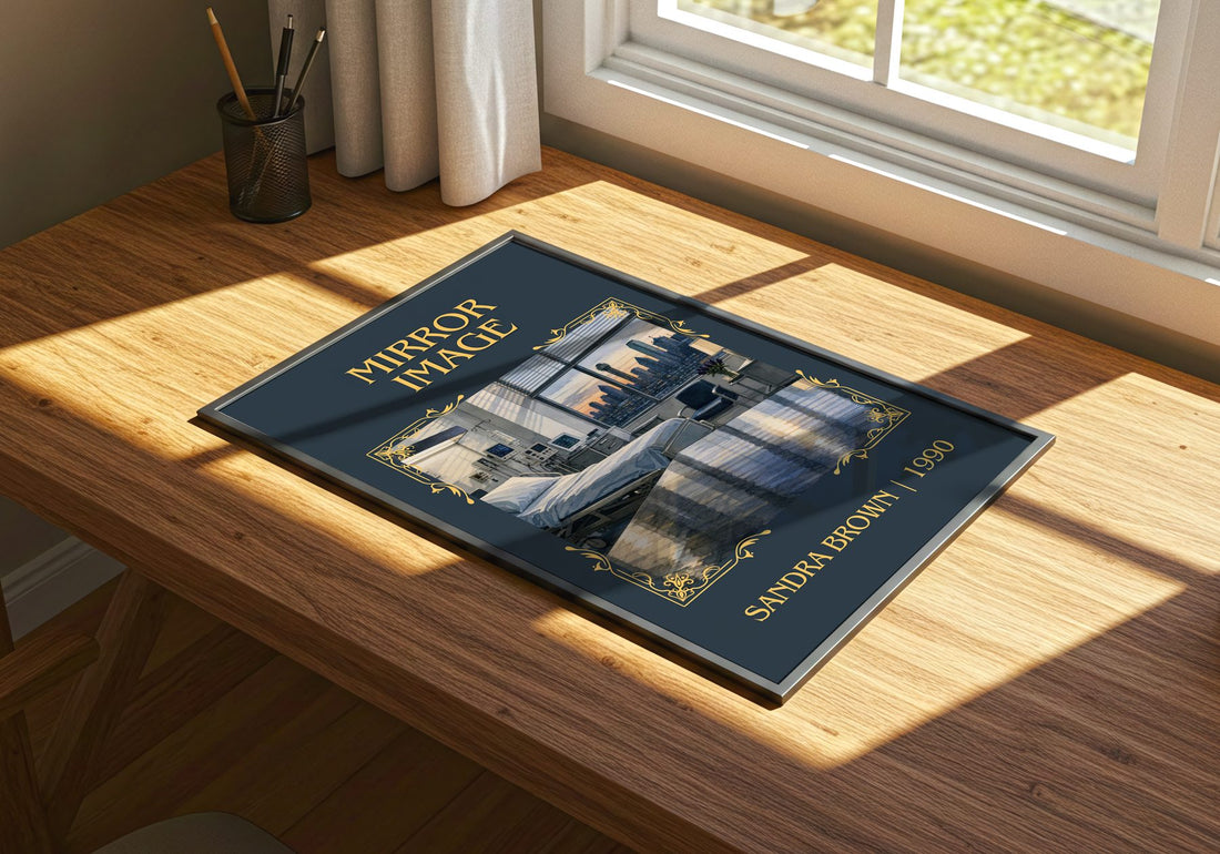 Mirror Image Classic Book Art Print by Sandra Brown – print on a sunlit desk