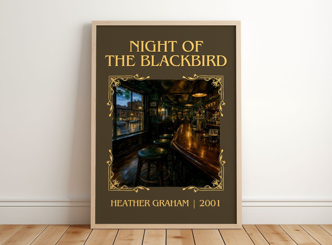 Night of the Blackbird Classic Book Art Print by Heather Graham – framed print leaning on a wooden floor