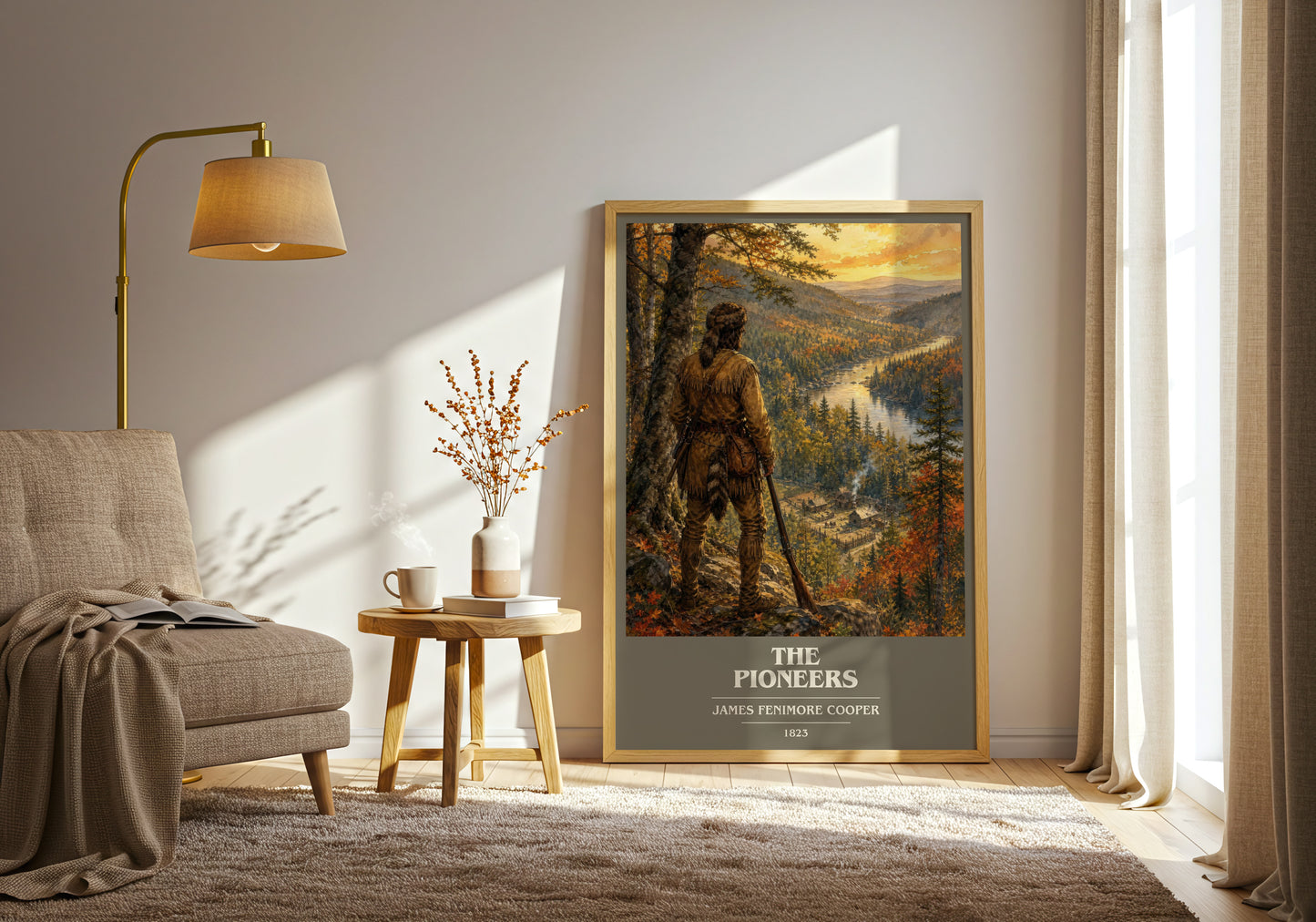 The Pioneers book cover print on bookshelf – James Fenimore Cooper fan gift