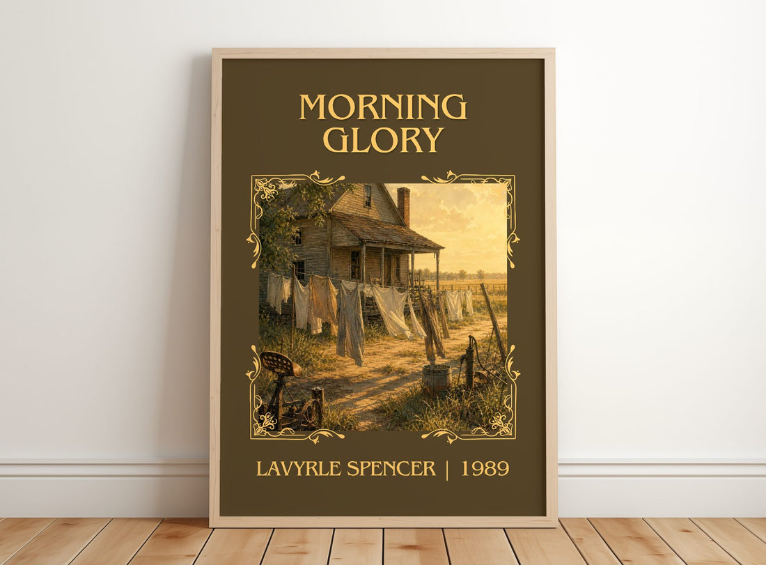 Morning Glory Classic Book Art Print by LaVyrle Spencer – framed print leaning on a wooden floor
