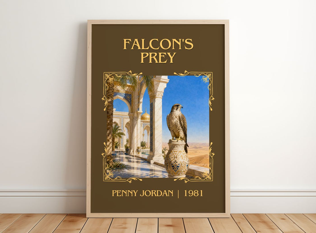 Falcon's Prey Classic Book Art Print by Penny Jordan – framed print leaning on a wooden floor