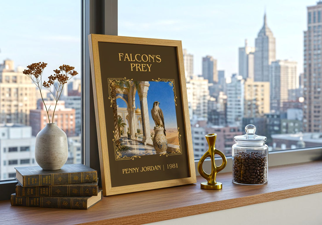 Falcon's Prey Classic Book Art Print by Penny Jordan – framed print on a city-view windowsill